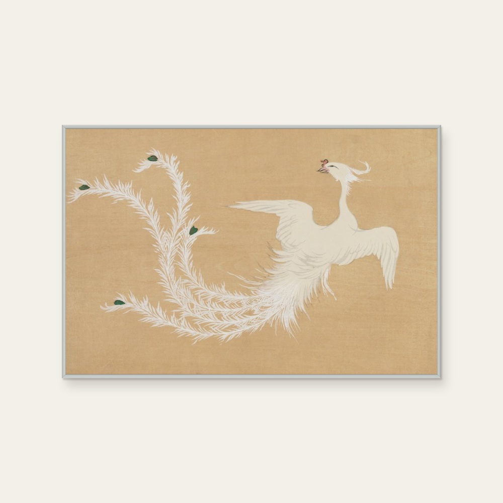 琳派《神坂雪佳 - 白鳳凰》：灰與奶茶／棕色調，自然風景與日本版畫題材，橫幅藝術掛畫。