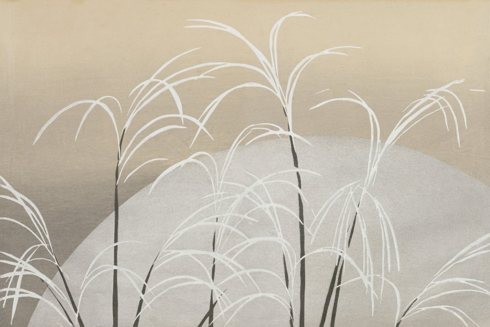 琳派《神坂雪佳 - 月光下的蘆葦》：灰與奶茶／棕色調，自然風景與日本版畫題材，橫幅藝術掛畫。 作品原圖。