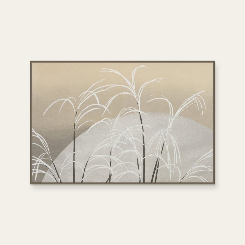 琳派《神坂雪佳 - 月光下的蘆葦》：灰與奶茶／棕色調，自然風景與日本版畫題材，橫幅藝術掛畫。