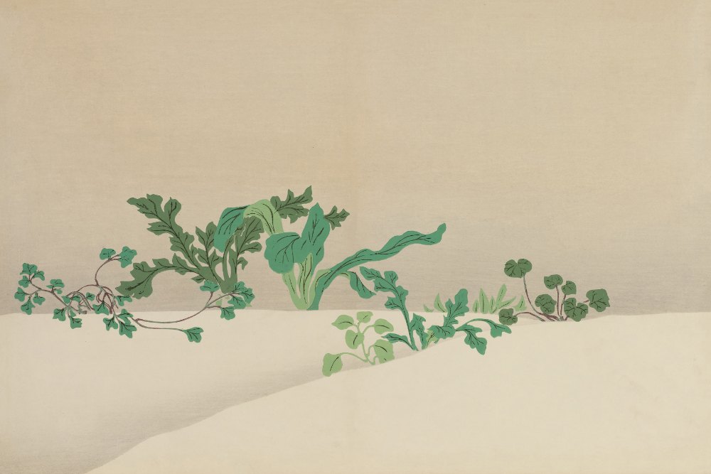 Kamisaka Sekka · The Seven Herbs of Early Spring by Rinpa School, a horizontal art print featuring natural landscapes and Japanese print imagery, in green and cream / brown tones. Artwork image.