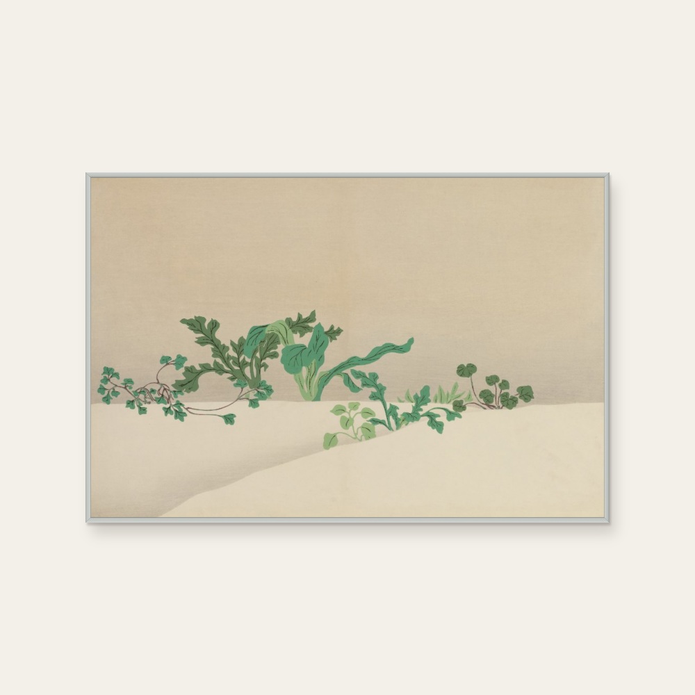 Kamisaka Sekka · The Seven Herbs of Early Spring by Rinpa School, a horizontal art print featuring natural landscapes and Japanese print imagery, in green and cream / brown tones.