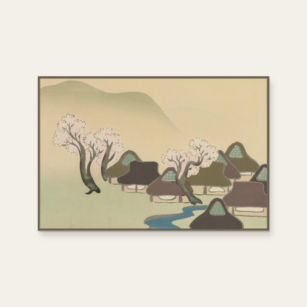 琳派《神坂雪佳 - 春天的農村》：綠與奶茶／棕色調，自然風景與日本版畫題材，橫幅藝術掛畫。