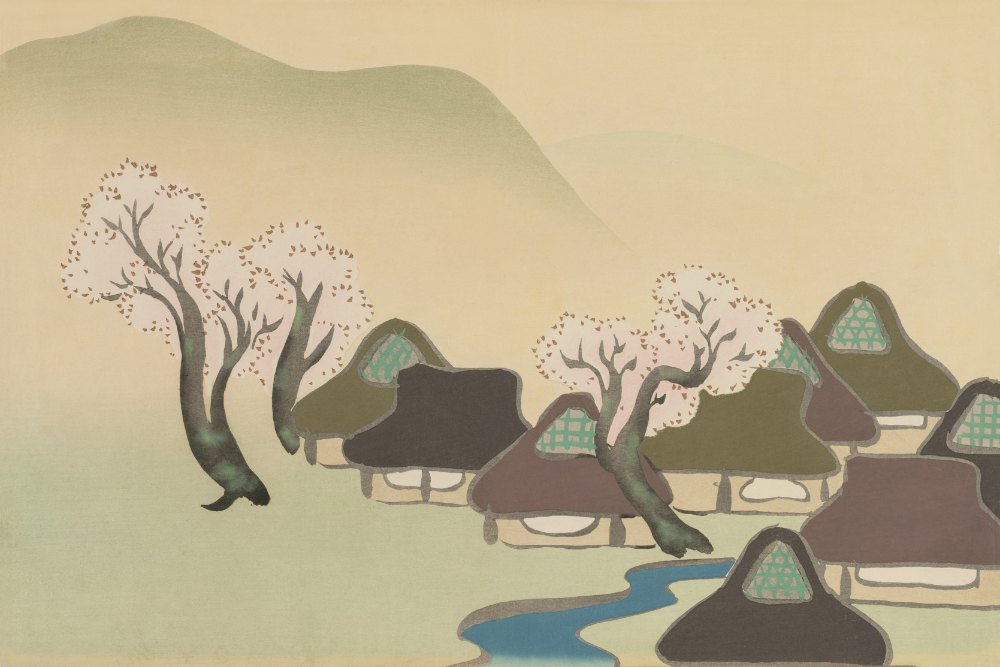 琳派《神坂雪佳 - 春天的農村》：綠與奶茶／棕色調，自然風景與日本版畫題材，橫幅藝術掛畫。 作品原圖。