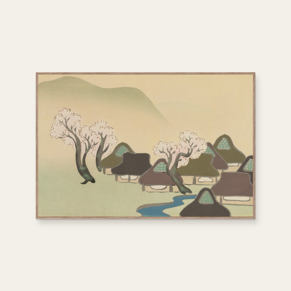 琳派《神坂雪佳 - 春天的農村》:綠與奶茶/棕色調,自然風景與日本版畫題材,橫幅藝術掛畫。 封面圖片。