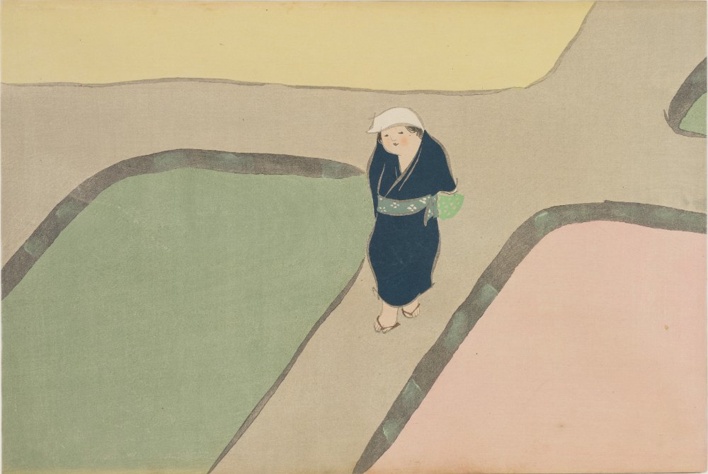 琳派《神坂雪佳 - 春天的田野》：黃與綠與奶茶／棕色調，自然風景與日本版畫題材，橫幅藝術掛畫。 作品原圖。