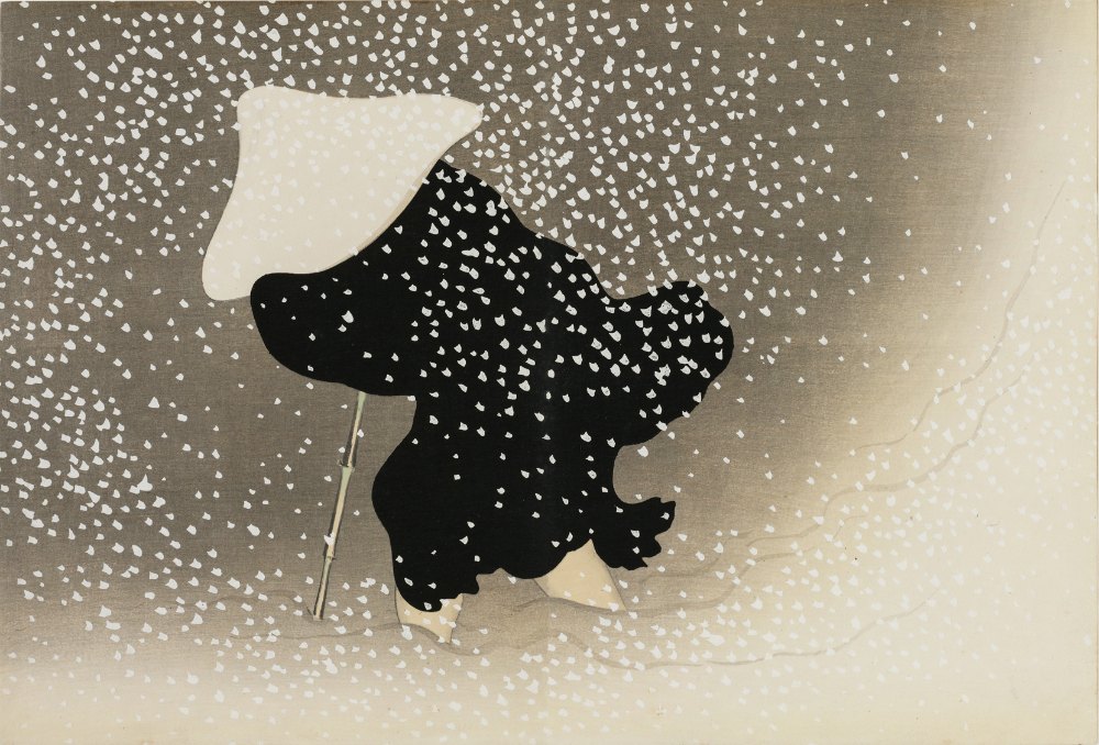 琳派《神坂雪佳 - 飛雪》：奶茶／棕色調，自然風景與日本版畫題材，橫幅藝術掛畫。 作品原圖。