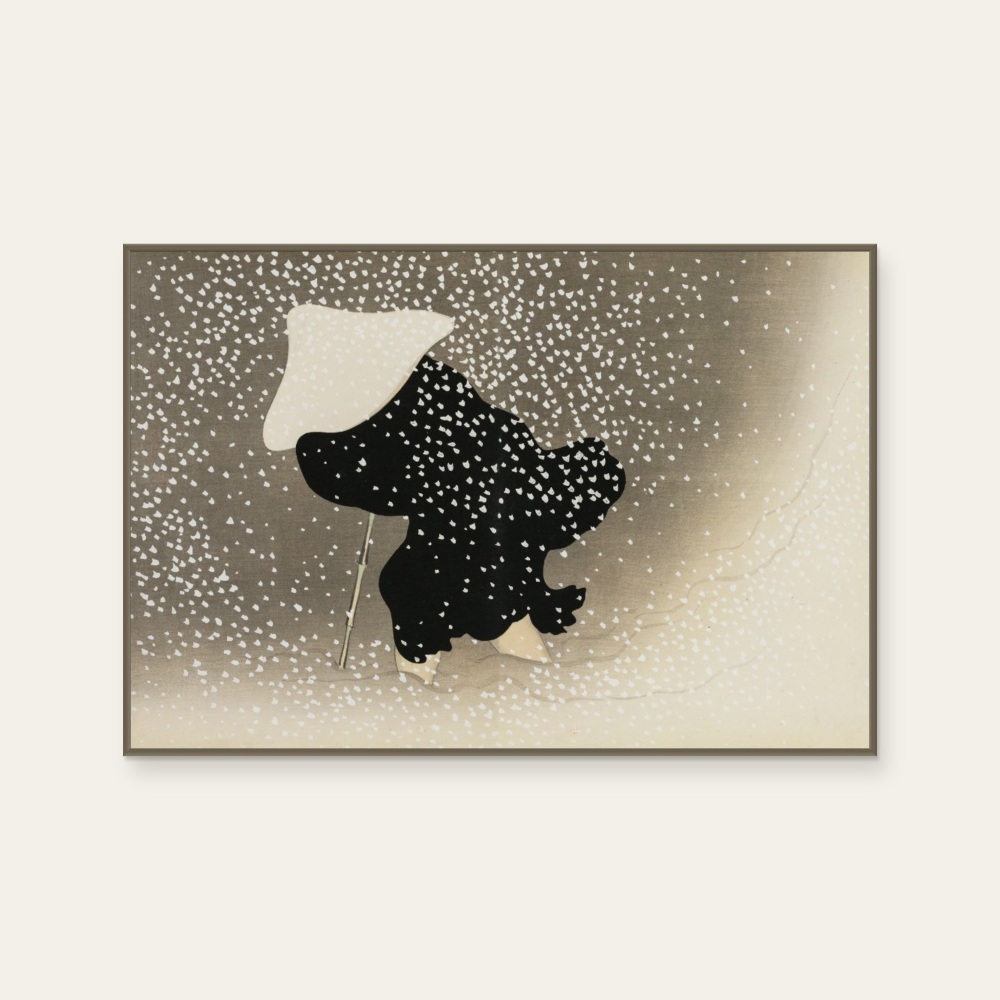 琳派《神坂雪佳 - 飛雪》：奶茶／棕色調，自然風景與日本版畫題材，橫幅藝術掛畫。