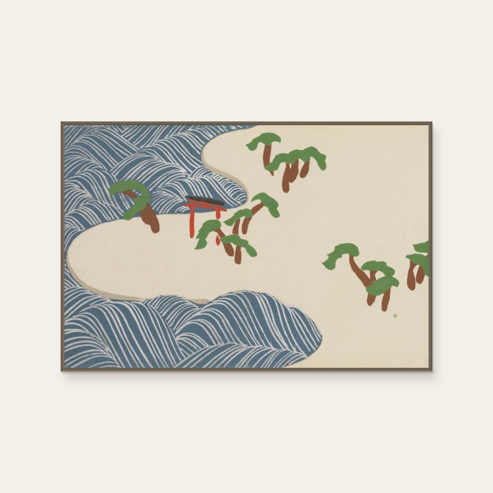 琳派《神坂雪佳 - 住之江》：灰與奶茶／棕色調，自然風景與日本版畫題材，橫幅藝術掛畫。