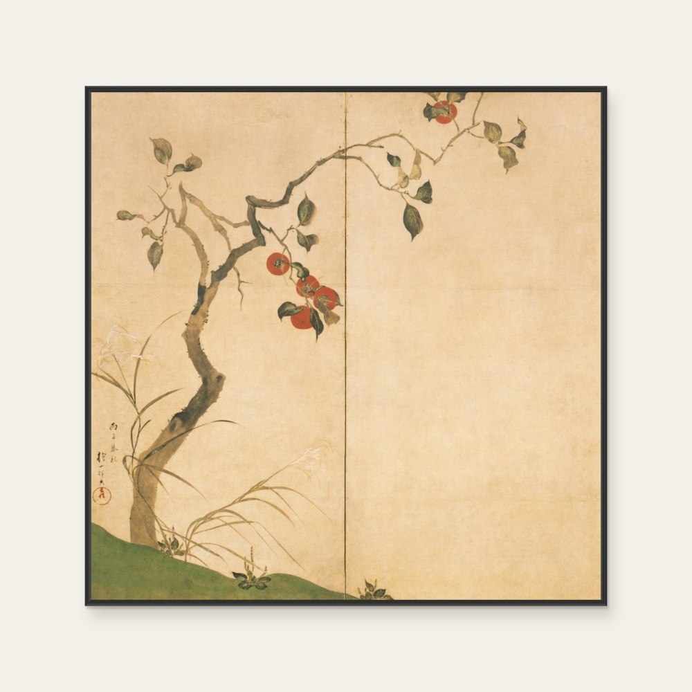 Rinpai · Hakuichi Sakai - Persimmon Screen by Rinpa School, a square art print featuring natural landscapes and Japanese print imagery, in cream / brown tones.
