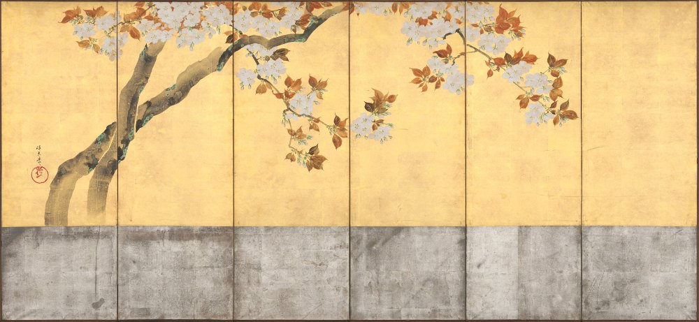 琳派《酒井抱一 桜図屏風（左）》：紅／橘與奶茶／棕色調，自然風景與日本版畫題材，橫幅藝術掛畫。 作品原圖。