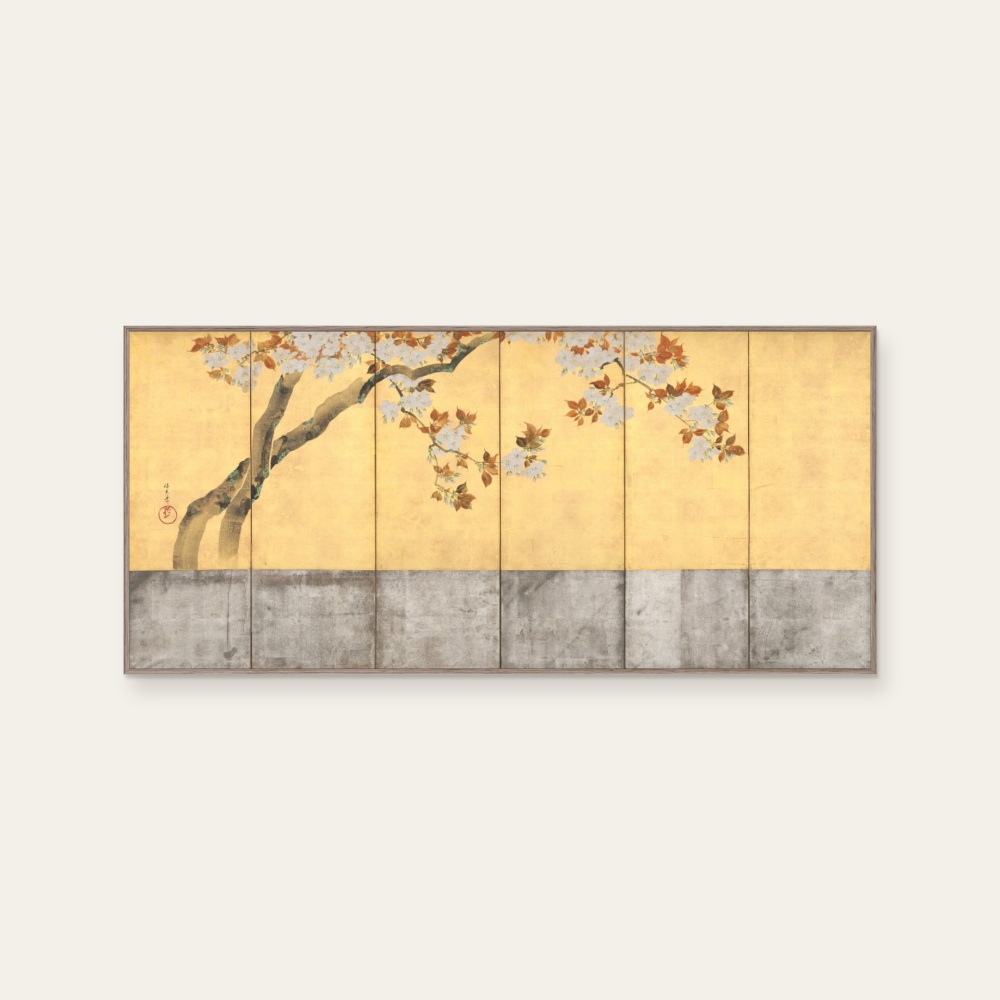 琳派《酒井抱一 桜図屏風(左)》:紅/橘與奶茶/棕色調,自然風景與日本版畫題材,橫幅藝術掛畫。 封面圖片。