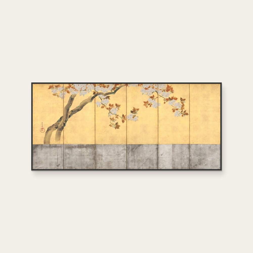 琳派《酒井抱一 桜図屏風（左）》：紅／橘與奶茶／棕色調，自然風景與日本版畫題材，橫幅藝術掛畫。