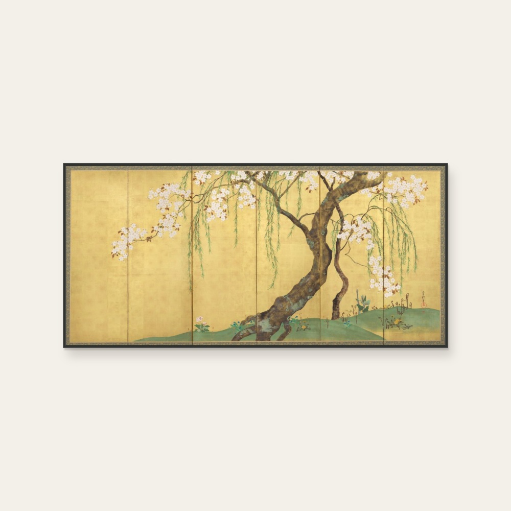 琳派《酒井抱一 櫻楓図屏風》：黃與奶茶／棕色調，自然風景與日本版畫題材，橫幅藝術掛畫。