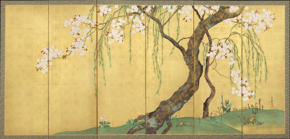 琳派《酒井抱一 櫻楓図屏風》：黃與奶茶／棕色調，自然風景與日本版畫題材，橫幅藝術掛畫。 作品原圖。