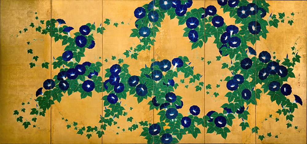 Rinpa · Suzuki Kiitsu- Morning Glory(L) by Rinpa School, a horizontal art print featuring natural landscapes and Japanese print imagery, in red / orange and green tones. Artwork image.
