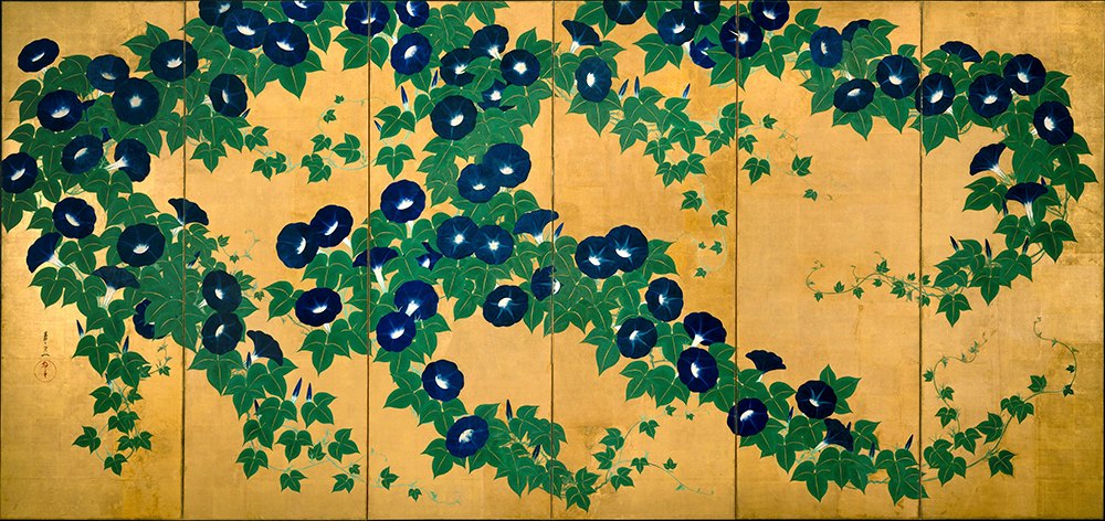 琳派《鈴木其一 朝顏(R)》：紅／橘與綠色調，自然風景與日本版畫題材，橫幅藝術掛畫。 作品原圖。