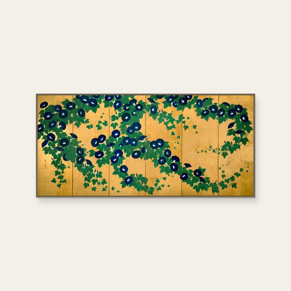 琳派《鈴木其一 朝顏(R)》：紅／橘與綠色調，自然風景與日本版畫題材，橫幅藝術掛畫。