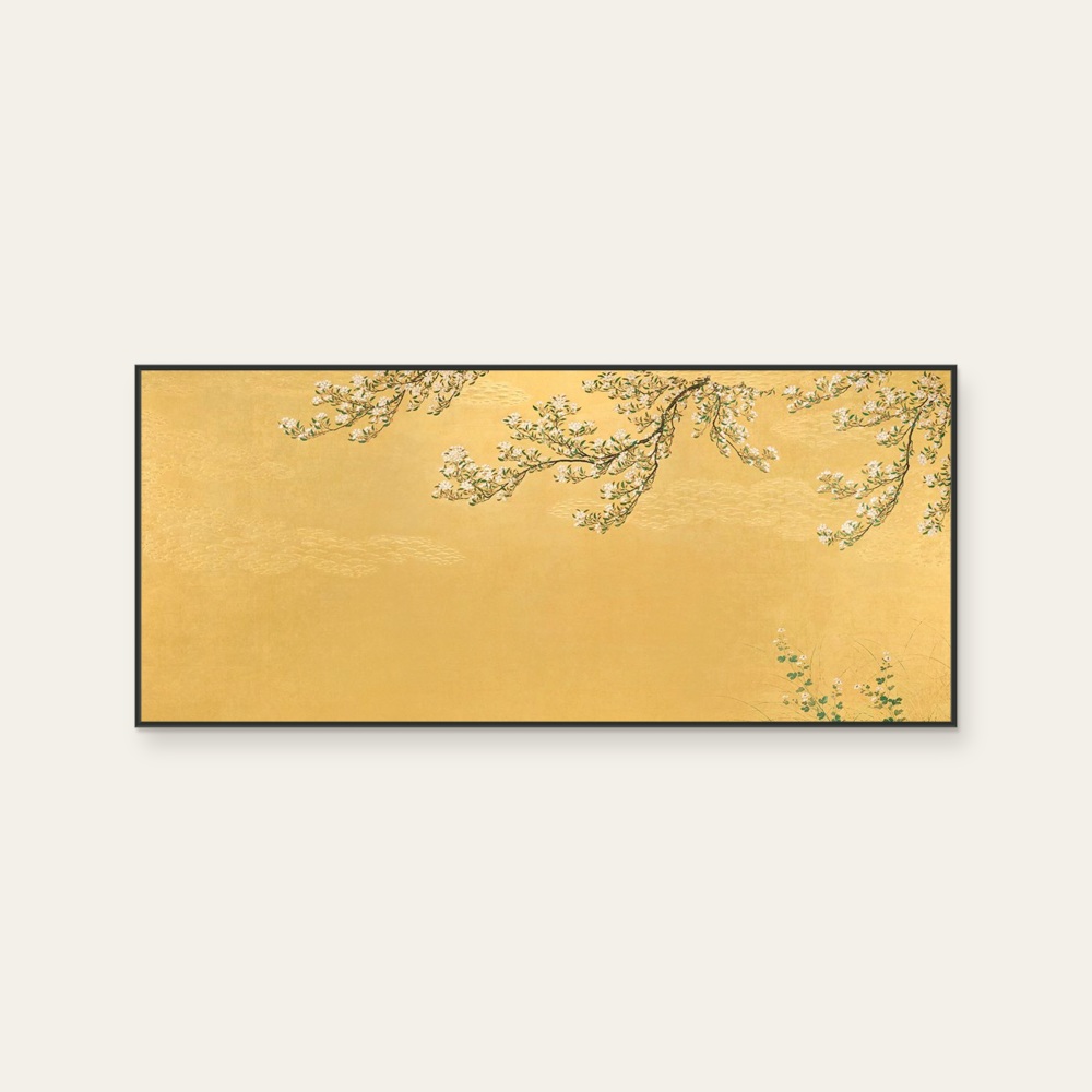 Rinpa · Hasegawa - Cherry and Willow by Rinpa School, a horizontal art print featuring natural landscapes and Japanese print imagery, in red / orange and green tones.