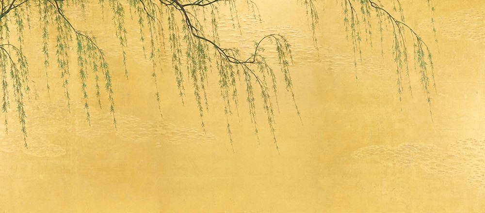 琳派《長谷川派 - 櫻柳圖屏風 (L）》：紅／橘與黃色調，自然風景與日本版畫題材，橫幅藝術掛畫。 作品原圖。