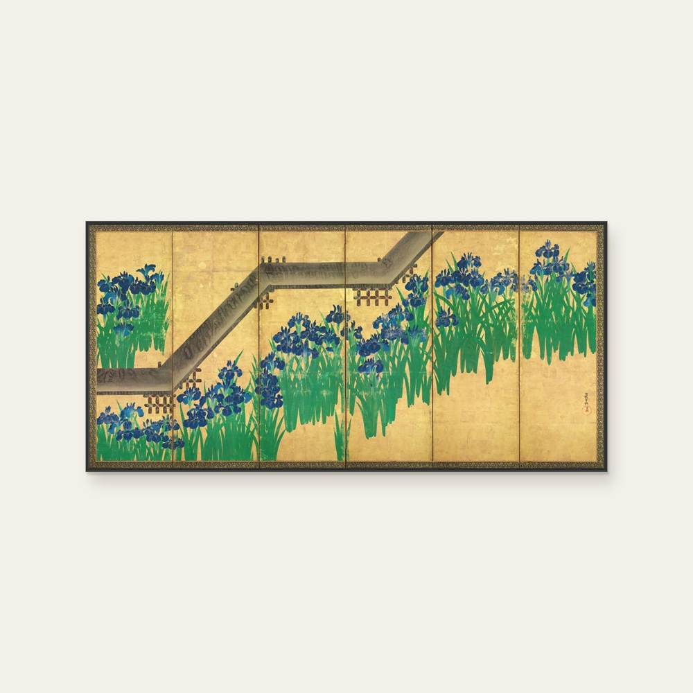 琳派《尾形光琳 - 八橋圖屏風 右》：紅／橘與綠與奶茶／棕色調，自然風景與日本版畫題材，橫幅藝術掛畫。