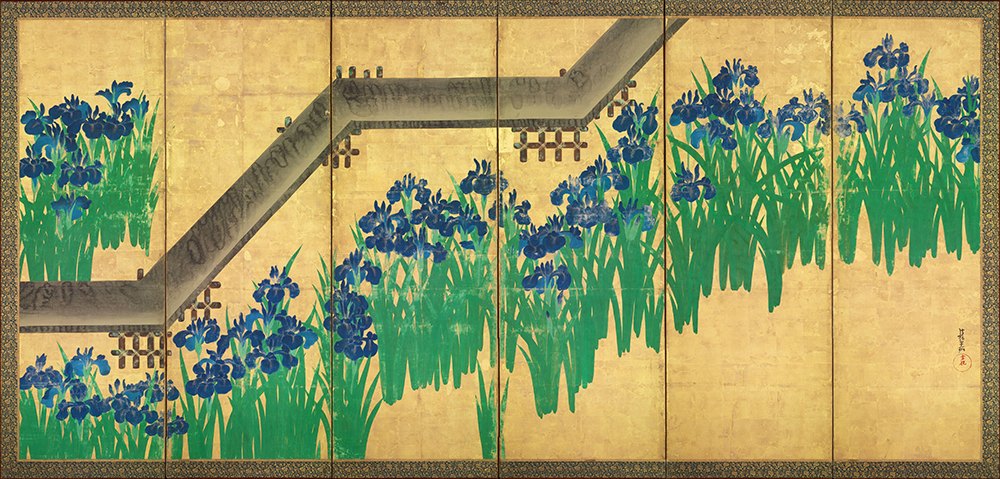 琳派《尾形光琳 - 八橋圖屏風 右》：紅／橘與綠與奶茶／棕色調，自然風景與日本版畫題材，橫幅藝術掛畫。 作品原圖。