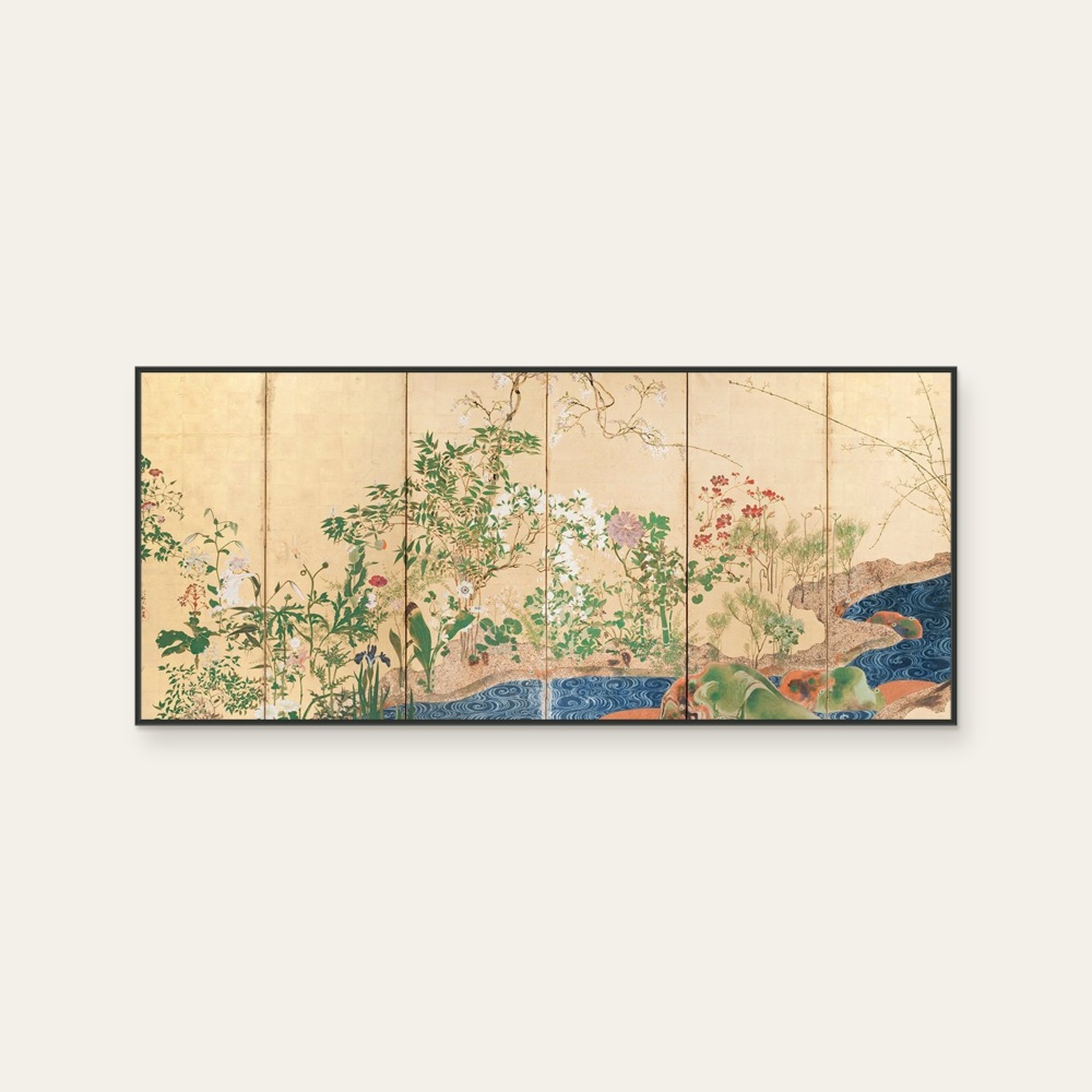 Rinpa · Ogata Kōrin - Spring and Autumn Period Flower and Grass Screen(L) by Rinpa School, a horizontal art print featuring natural landscapes and Japanese print imagery, in cream / brown tones.