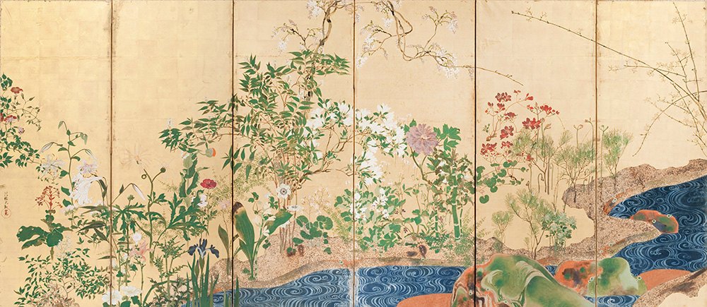 Rinpa · Ogata Kōrin - Spring and Autumn Period Flower and Grass Screen(L) by Rinpa School, a horizontal art print featuring natural landscapes and Japanese print imagery, in cream / brown tones. Artwork image.