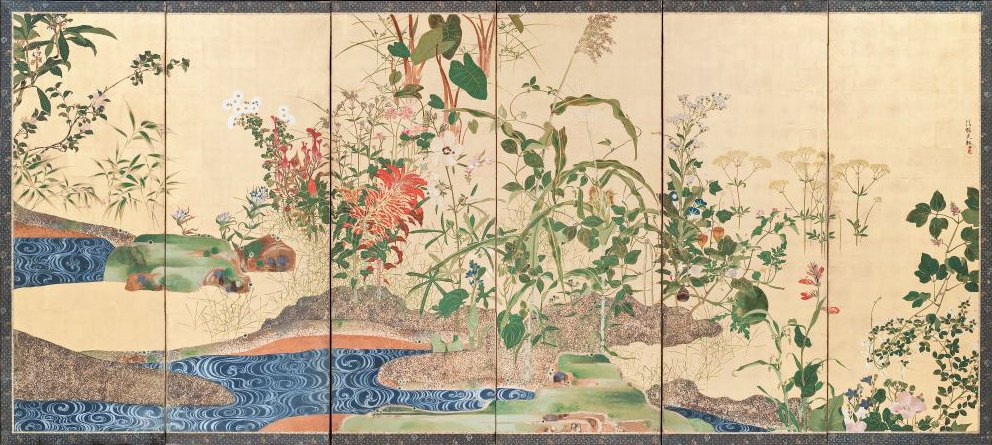 琳派《尾形光琳 - 春秋草花圖屏風 右》：奶茶／棕色調，自然風景與日本版畫題材，橫幅藝術掛畫。 作品原圖。