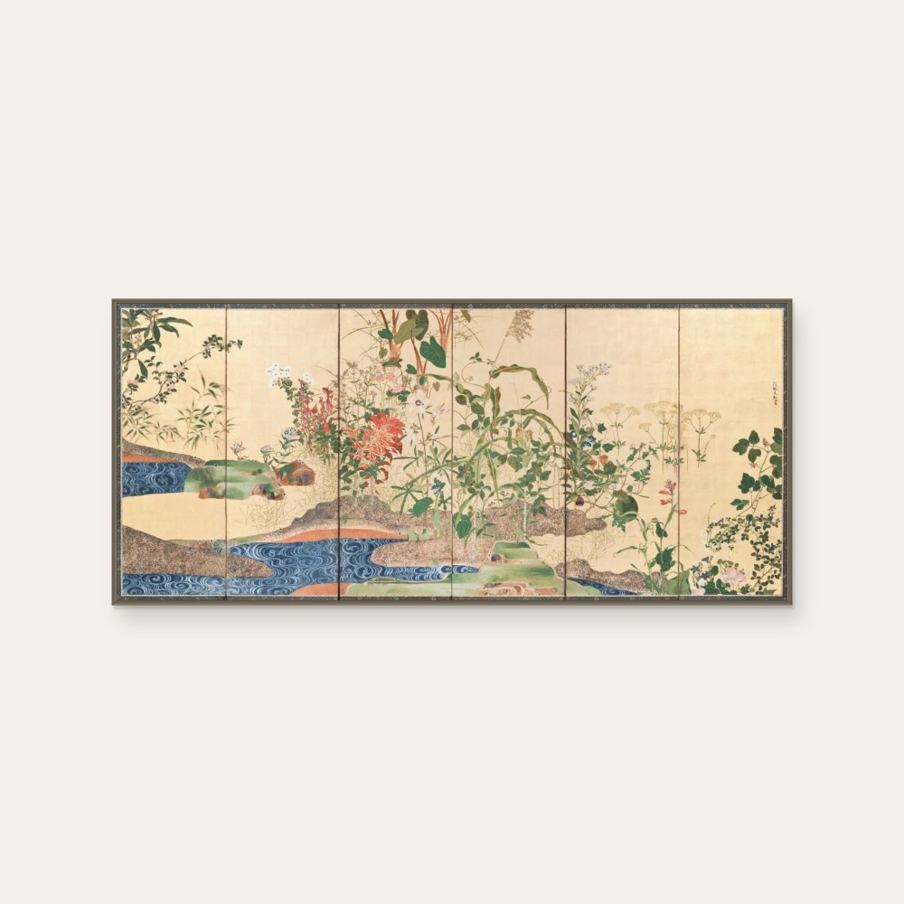 琳派《尾形光琳 - 春秋草花圖屏風 右》：奶茶／棕色調，自然風景與日本版畫題材，橫幅藝術掛畫。