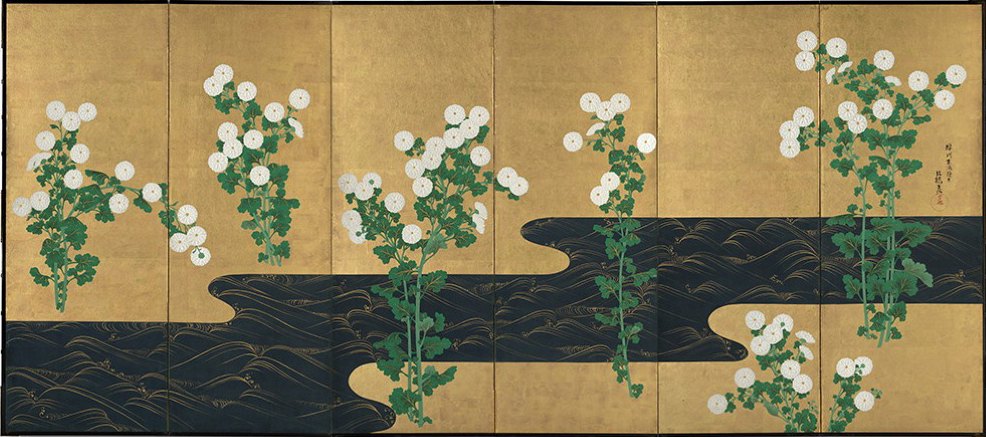 琳派《尾形光琳 - 菊絵流水屏風 右》：奶茶／棕色調，自然風景與日本版畫題材，橫幅藝術掛畫。 作品原圖。
