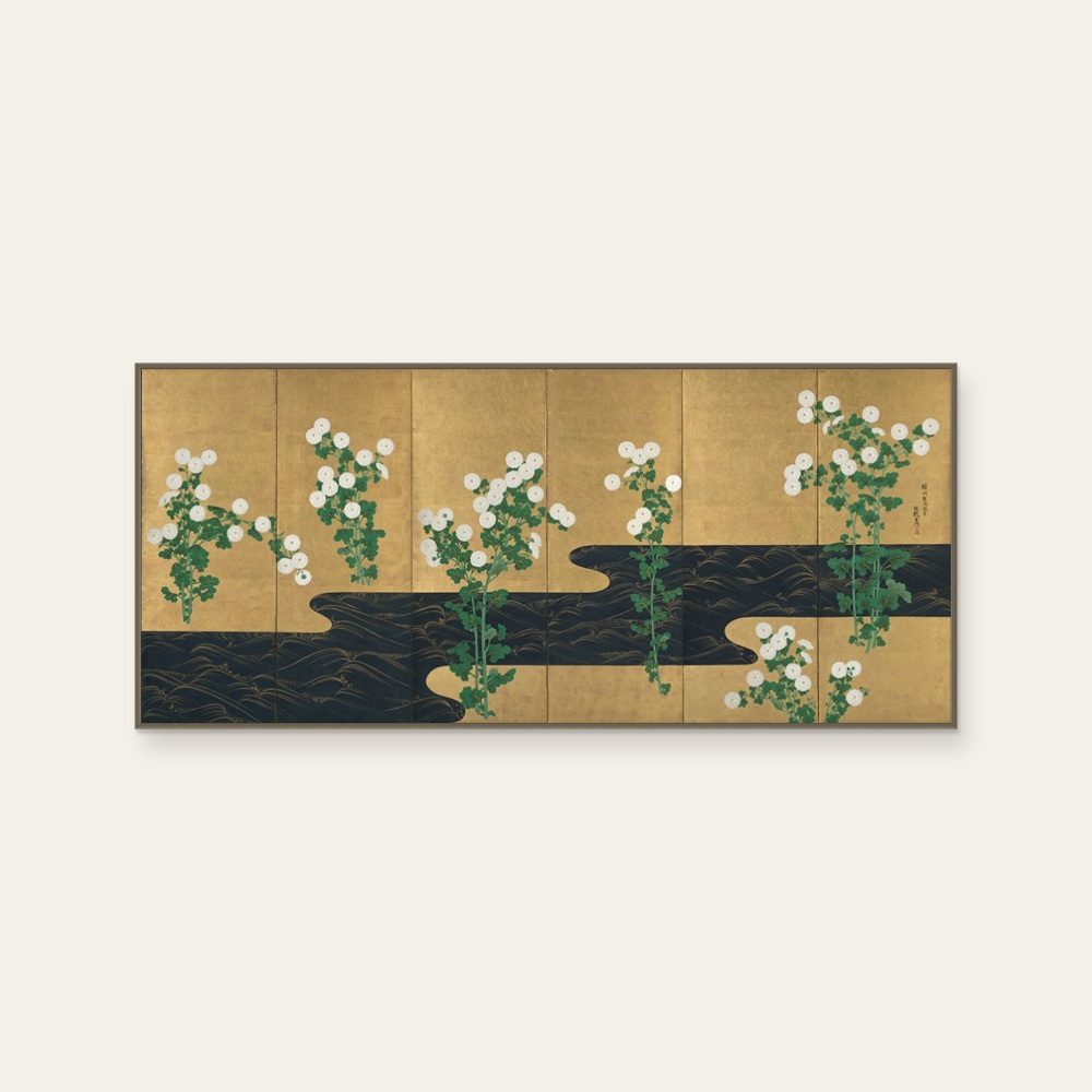 琳派《尾形光琳 - 菊絵流水屏風 右》：奶茶／棕色調，自然風景與日本版畫題材，橫幅藝術掛畫。