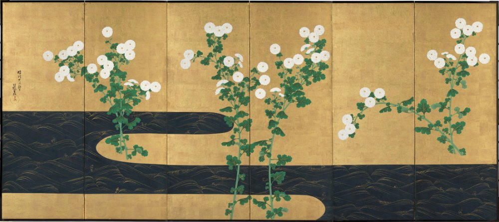 Rinpa · Ogata Kōrin - Chrysanthemum-themed Flowing Water Screen (L) by Rinpa School, a horizontal art print featuring natural landscapes and Japanese print imagery, in cream / brown tones. Artwork image.