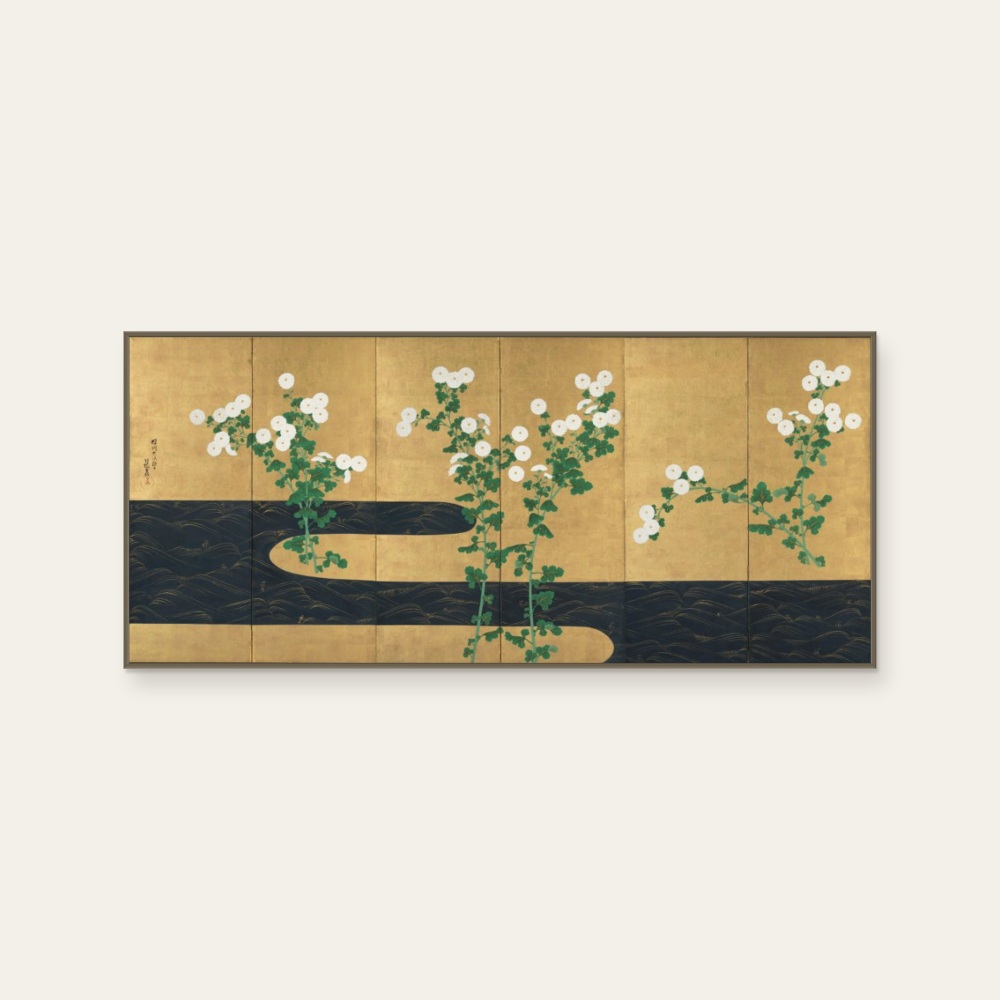 Rinpa · Ogata Kōrin - Chrysanthemum-themed Flowing Water Screen (L) by Rinpa School, a horizontal art print featuring natural landscapes and Japanese print imagery, in cream / brown tones. Cover image.