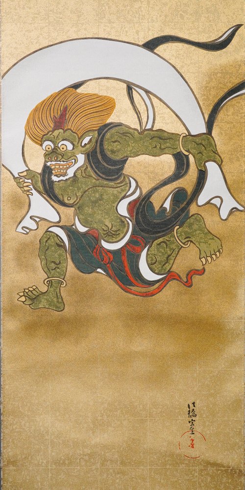 琳派《俵屋宗達 風神(長幅)》：奶茶／棕色調，自然風景與日本版畫題材，直幅藝術掛畫。 作品原圖。