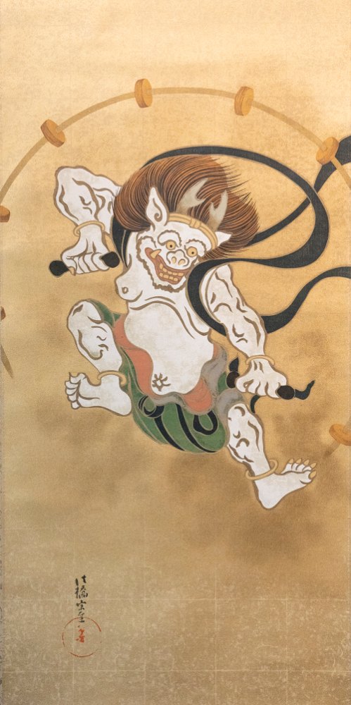 琳派《俵屋宗達 雷神(長幅)》：奶茶／棕色調，自然風景與日本版畫題材，直幅藝術掛畫。 作品原圖。