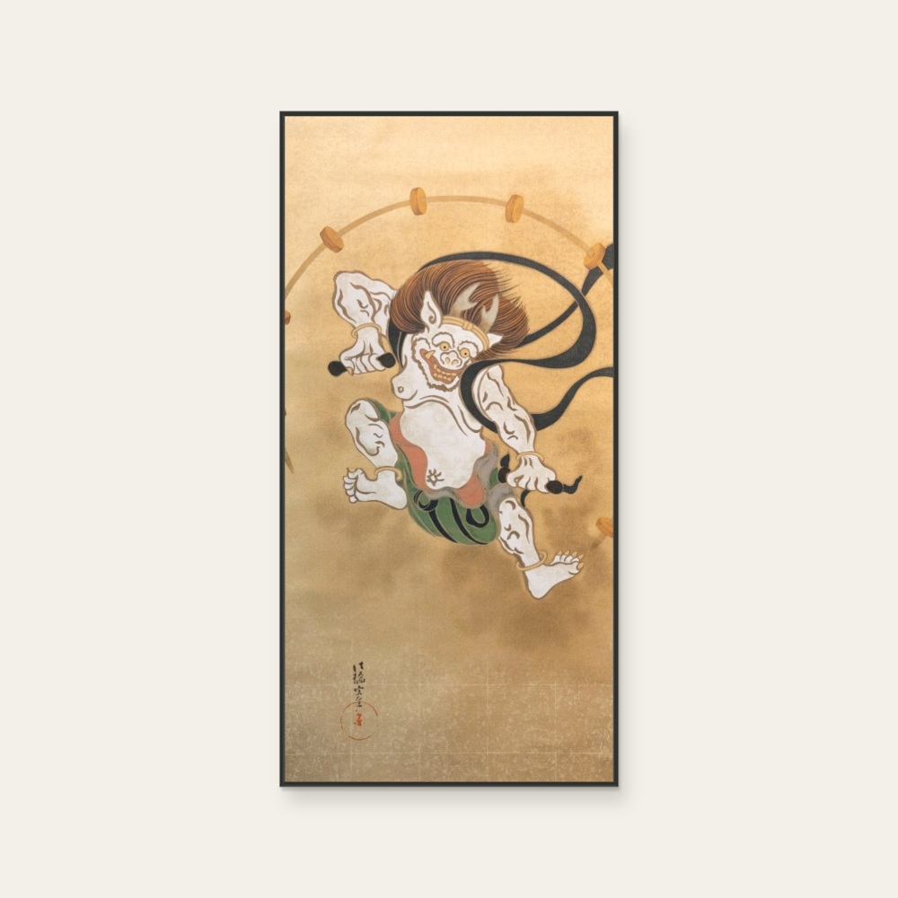 琳派《俵屋宗達 雷神(長幅)》：奶茶／棕色調，自然風景與日本版畫題材，直幅藝術掛畫。