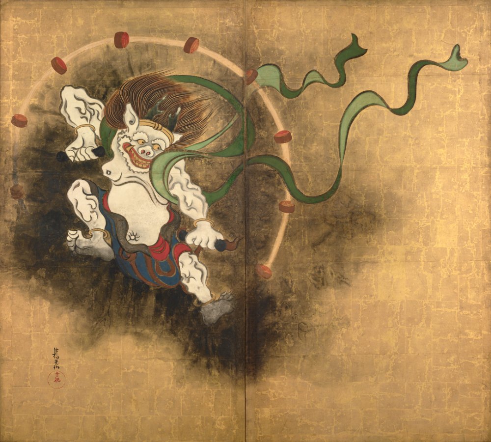 琳派《尾形光琳 雷神》：奶茶／棕色調，自然風景與日本版畫題材，橫幅藝術掛畫。 作品原圖。