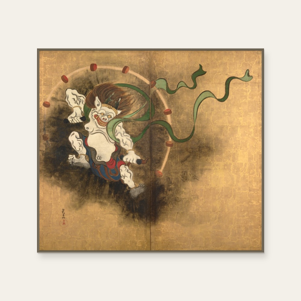 琳派《尾形光琳 雷神》：奶茶／棕色調，自然風景與日本版畫題材，橫幅藝術掛畫。