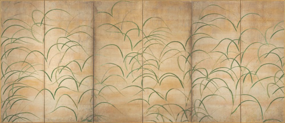 琳派《薄圖屏風 (U)》：奶茶／棕色調，自然風景與日本版畫題材，橫幅藝術掛畫。 作品原圖。