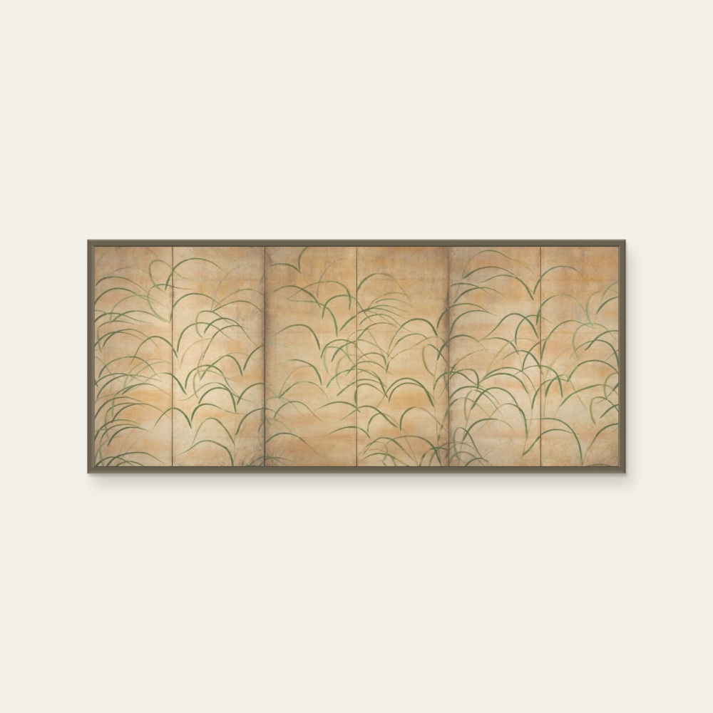 琳派《薄圖屏風 (U)》：奶茶／棕色調，自然風景與日本版畫題材，橫幅藝術掛畫。