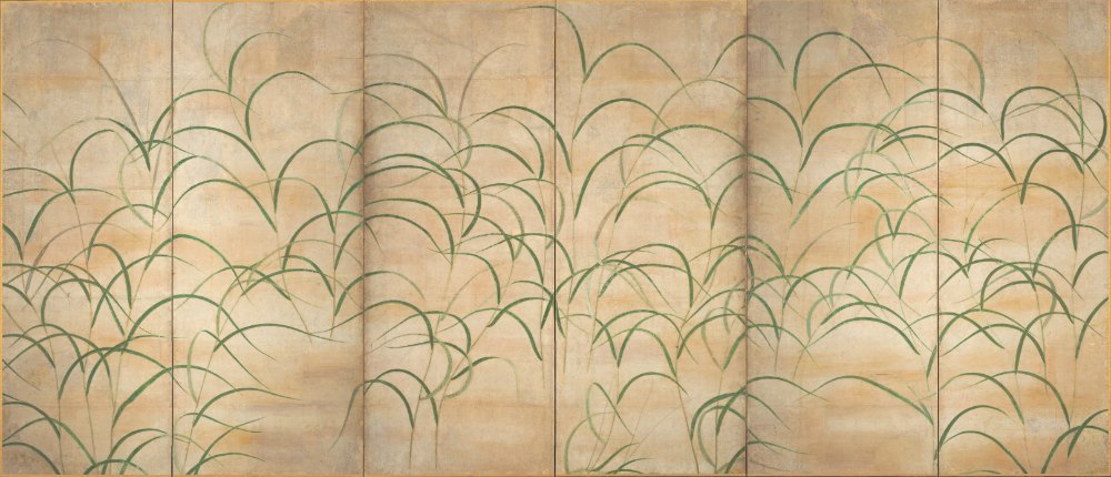 琳派《薄圖屏風 (D）》：奶茶／棕色調，自然風景與日本版畫題材，橫幅藝術掛畫。 作品原圖。