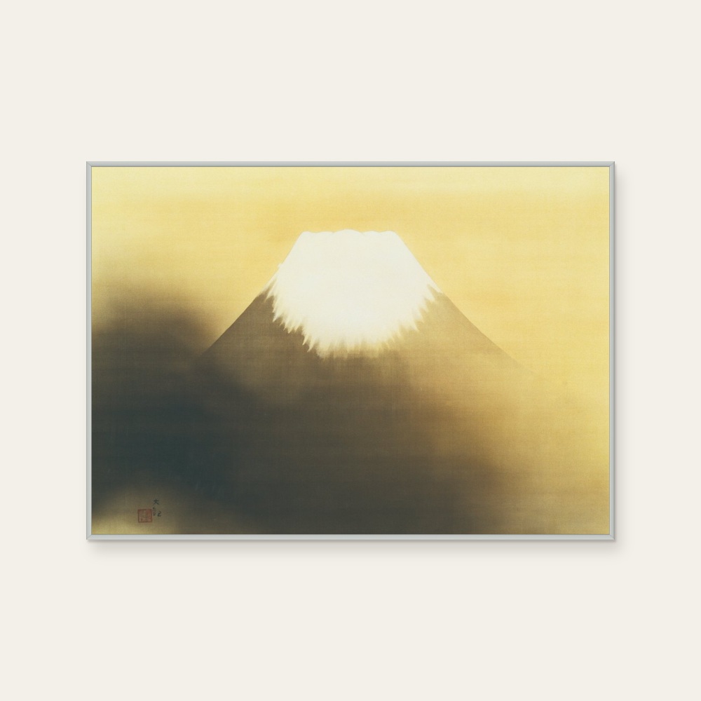 琳派《横山大観 － 霊峰不二》：黃與奶茶／棕色調，自然風景與日本版畫題材，橫幅藝術掛畫。