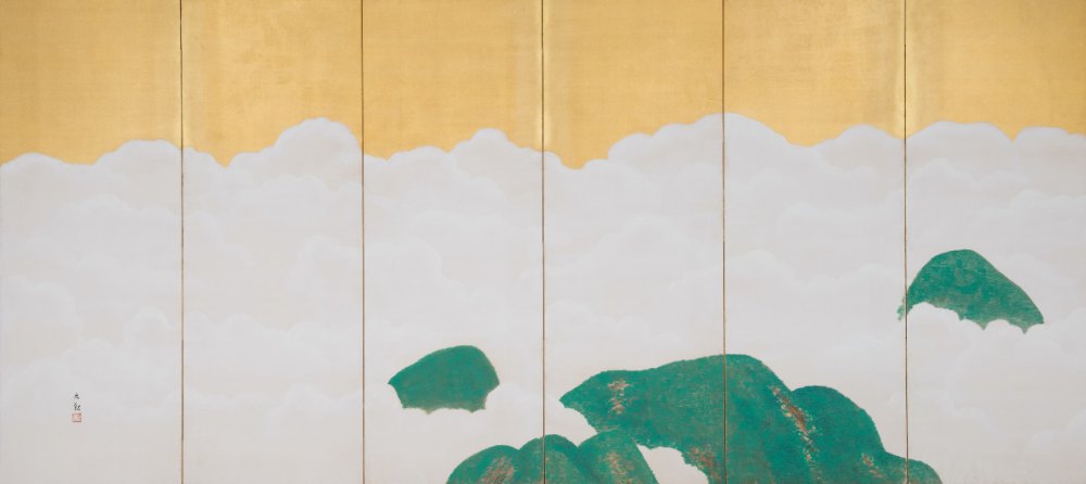 琳派《横山大観 － 群青富士（左）》：黑白與綠色調，自然風景與日本版畫題材，橫幅藝術掛畫。 作品原圖。