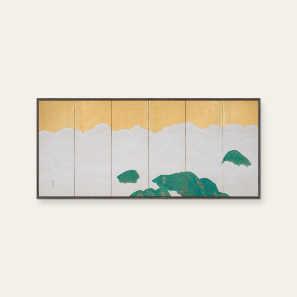 琳派《横山大観 - 群青富士(左)》:黑白與綠色調,自然風景與日本版畫題材,橫幅藝術掛畫。 封面圖片。