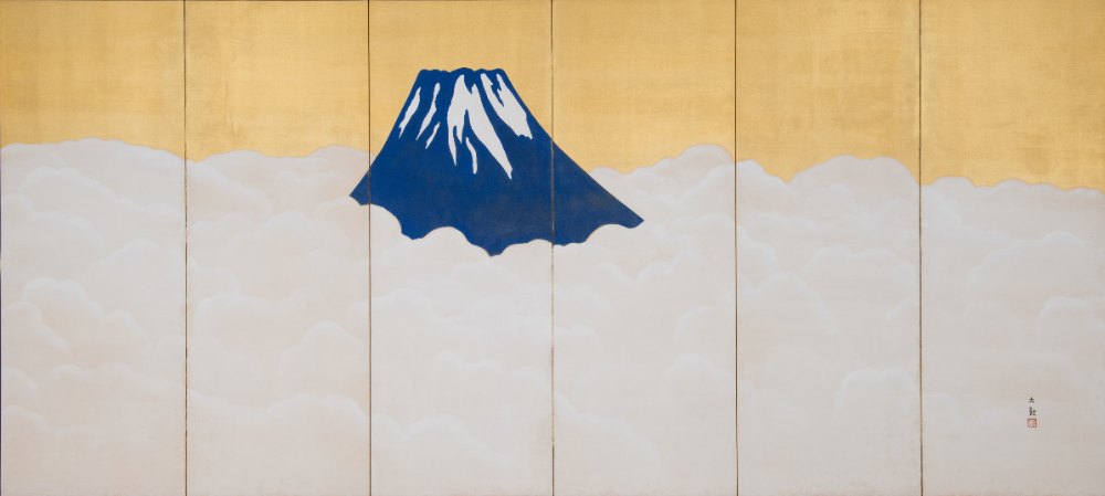 Rinpa · Gunjo Fuji (R) by Rinpa School, a horizontal art print featuring natural landscapes and Japanese print imagery, in grey and blue and cream / brown tones. Artwork image.