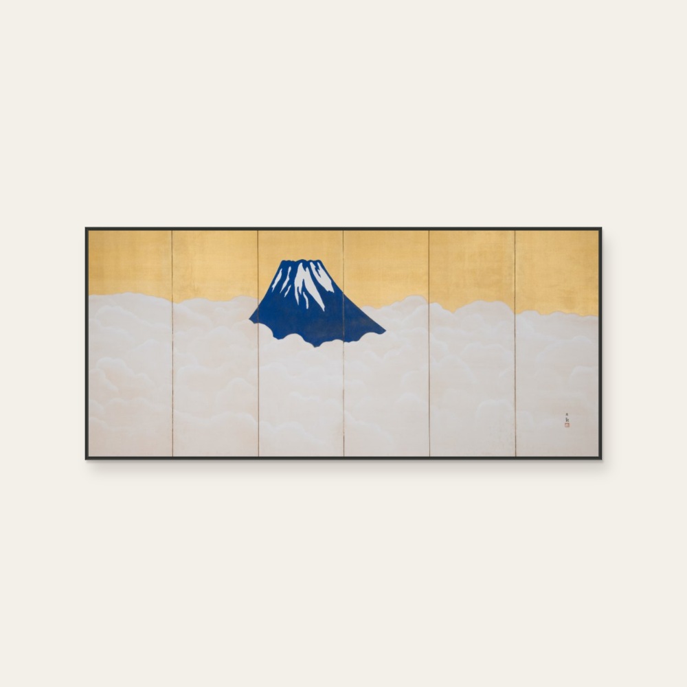 Rinpa · Gunjo Fuji (R) by Rinpa School, a horizontal art print featuring natural landscapes and Japanese print imagery, in grey and blue and cream / brown tones.