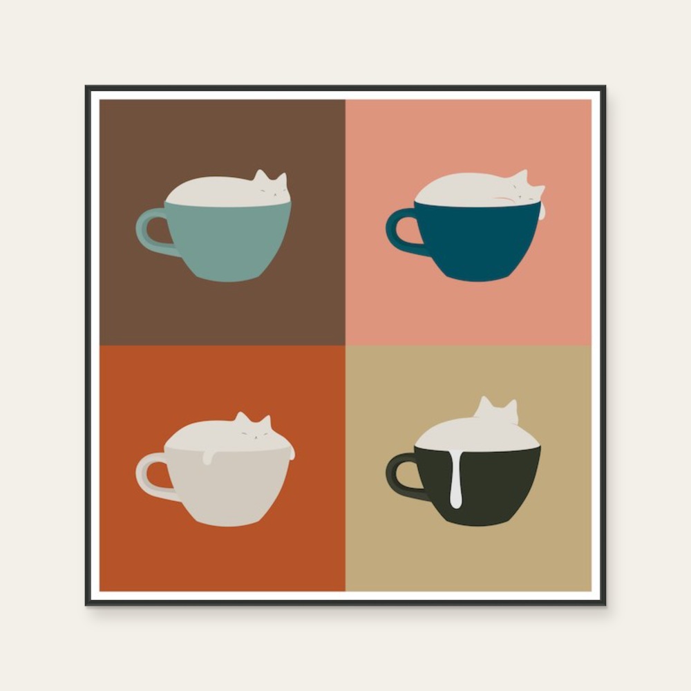 Cat Four Palaces - Cappuccino by ilovedoodles, a square art print featuring animals and graffiti and pop art, in pink and cream / brown tones.
