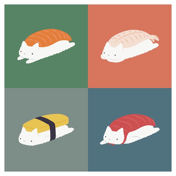 ilovedoodles《貓咪四宮格-握壽司》：紅／橘與綠色調，動物與塗鴉與潮流題材，方形藝術掛畫。 作品原圖。