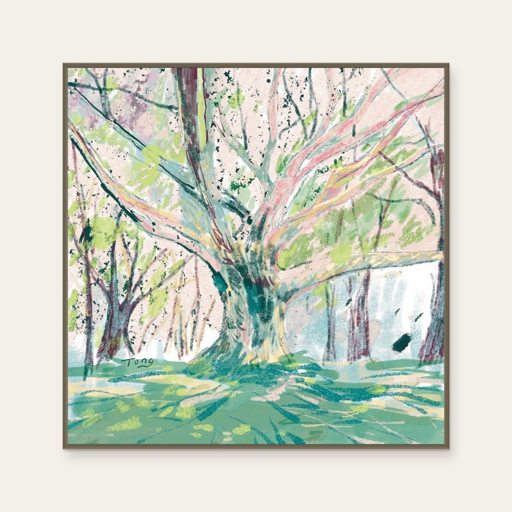 Tong Lin《5月》:綠與奶茶/棕色調,自然風景與插畫題材,方形藝術掛畫。 封面圖片。