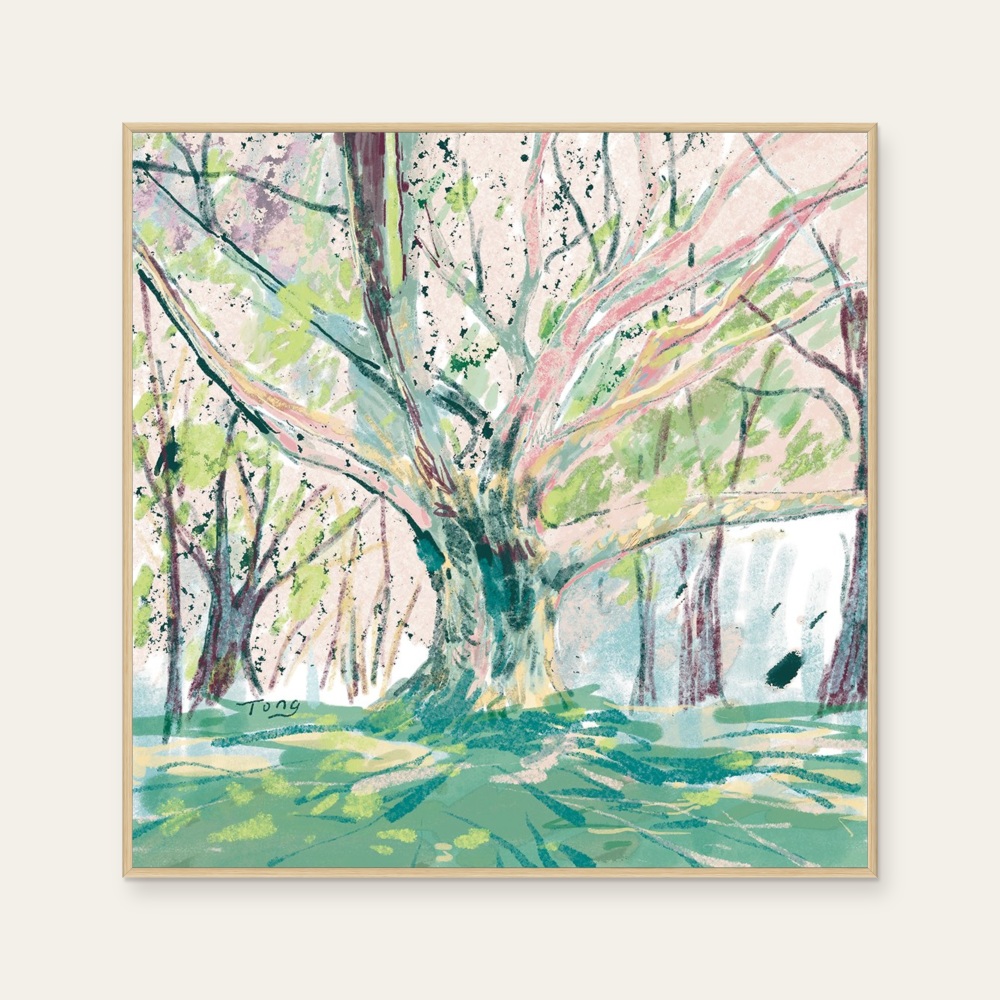 Tong Lin《5月》：綠與奶茶／棕色調，自然風景與插畫題材，方形藝術掛畫。